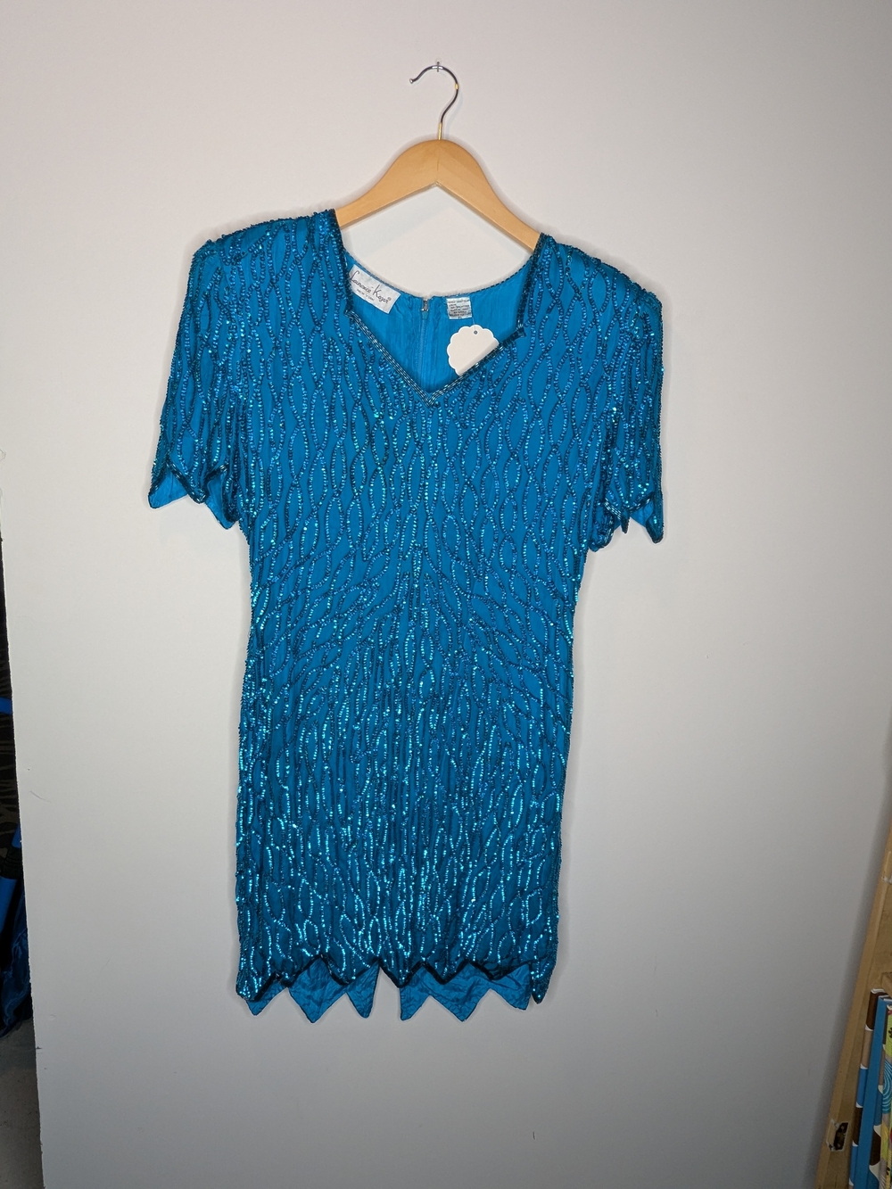 Vintage 80's Sequin Teal V-Neck Cocktail Dress Silk M/L